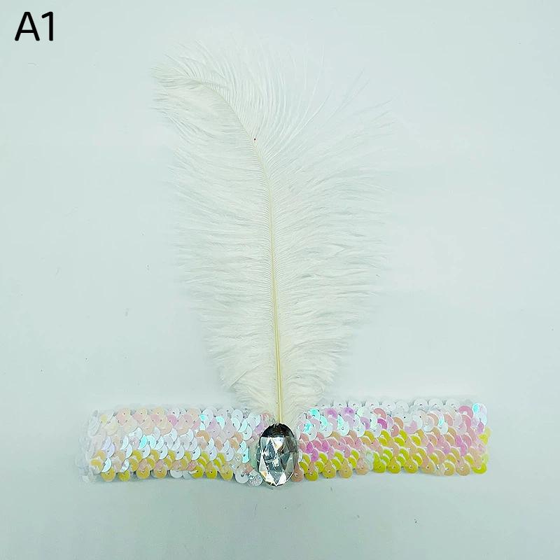 1Pcs Colorful Feather Sequin Gem Headpiece Aesthetic Flapper Headband For 1920S Party Costume Accessory Dress Up