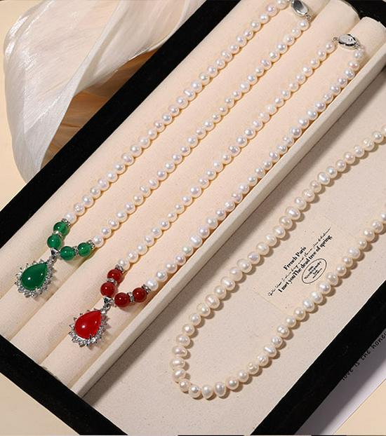 Zhuji Süßwasserperlen-Halskettenset für Damen - Echte Perlen Schlüsselbeinkette - Muttertagsgeschenk