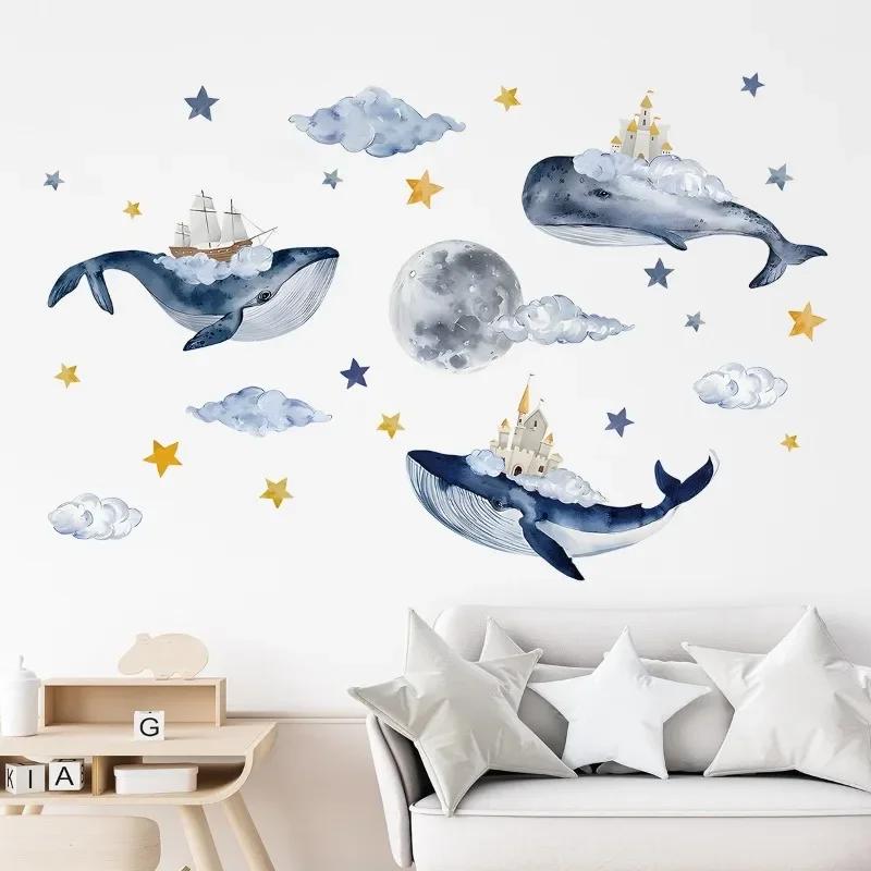 Cartoon Cute Whale Cloud Moon House Marine Animal Wall Stickers for Bedroom Living Room Nursery Decoration Wall Decals