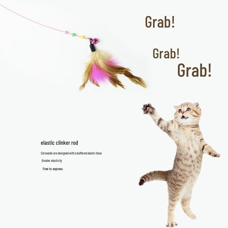 Long Rod Steel Wire Cat Teaser with Feather & Bell - Interactive Bite-Resistant Replacement Cat Toy