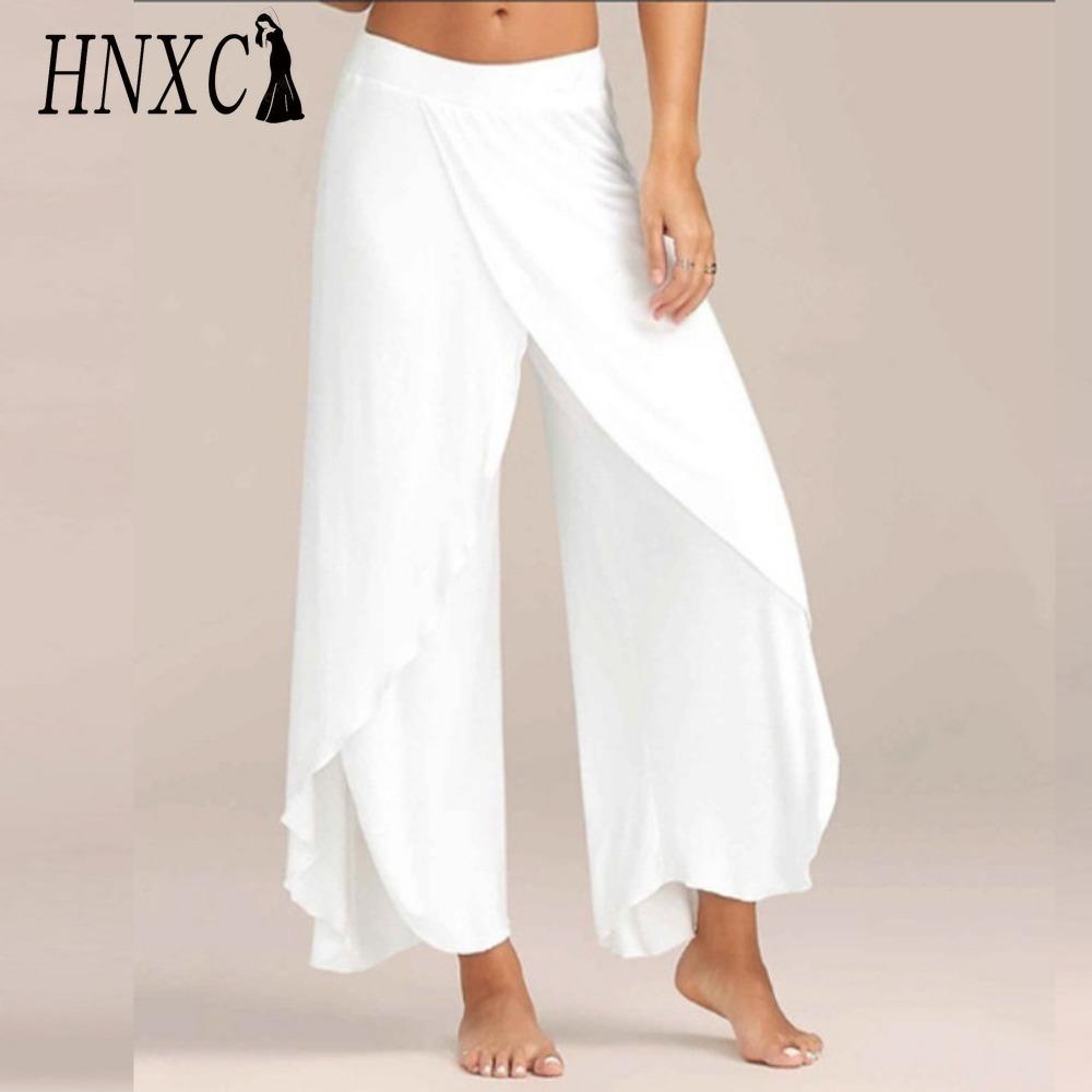 

HNXC 10 кольорів Жіночі штани палаццо бохо з широкими штанинами Шифонова спідниця Кльошовані штани для йоги Великий розмір M білий
