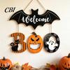Retro Style Seasonal Decor Halloween BOO Door Sign, Wooden Ghost Evil Pumpkin Black Cat Hanging Welcome Festival Plaque Spooky Bat Hanger for
