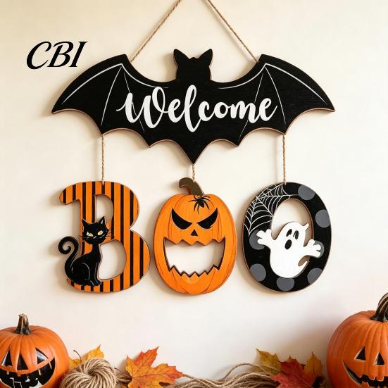 Retro Style Seasonal Decor Halloween BOO Door Sign, Wooden Ghost Evil Pumpkin Black Cat Hanging Welcome Festival Plaque Spooky Bat Hanger for