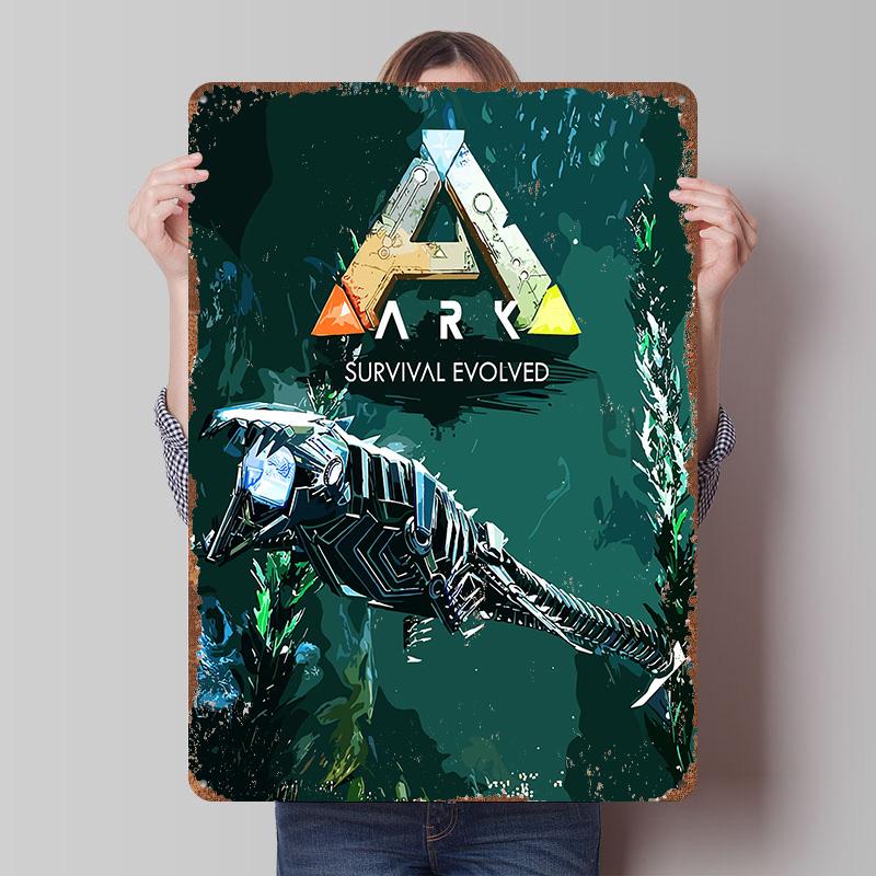 ARK Survival Evolved Spiel Blechschild Poster Personalisierte Wandkunst Retro Vintage Metallschilder für Man Cave Gamer Zimmer Dekoration
