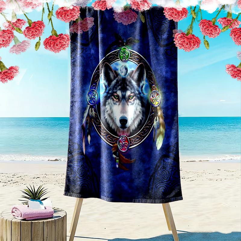 Native Indian Wolf Print Beach Towel, Large Soft Quick Dry Towel for Beach Camping Swimming