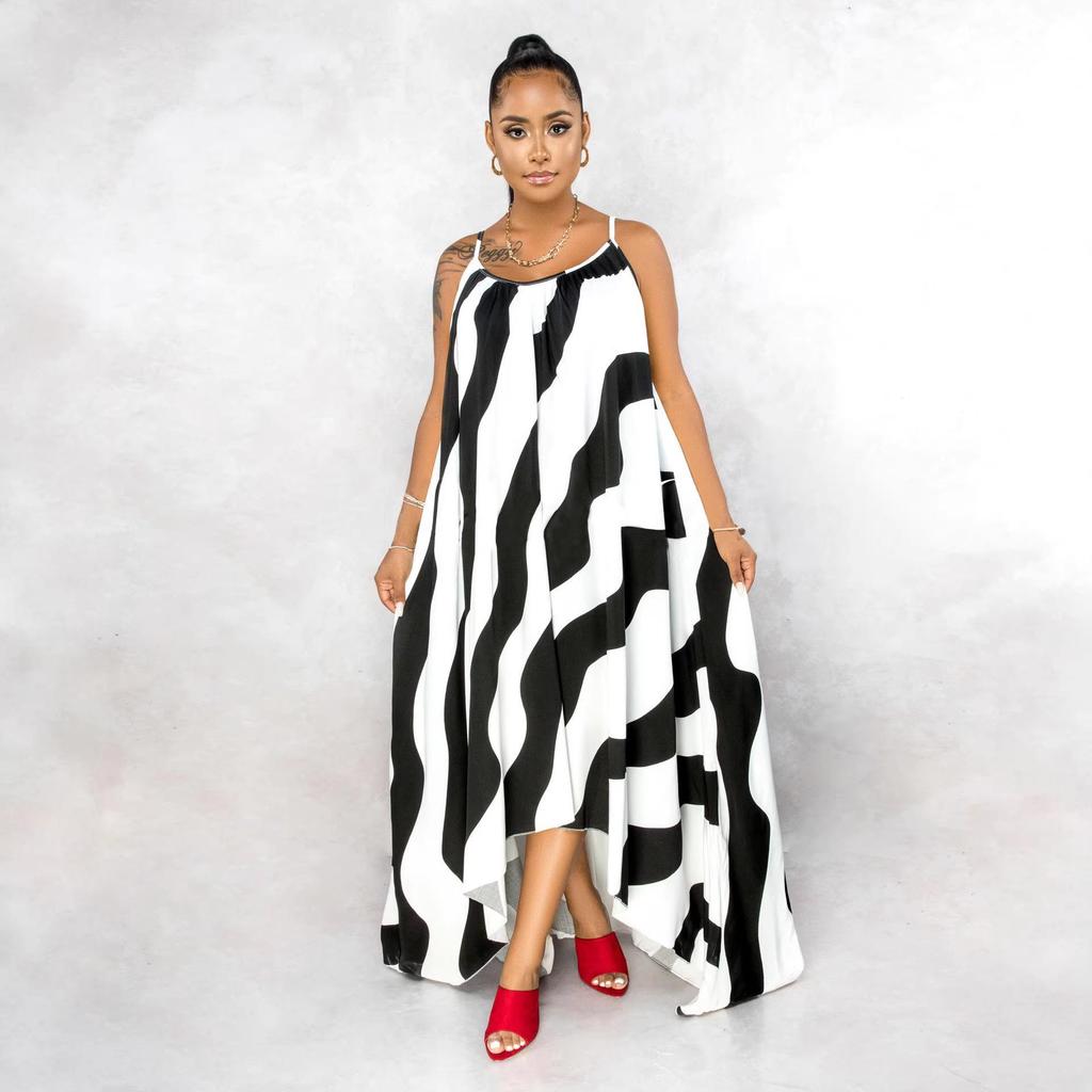 H153 Europäisches Sexy Damen Maxikleid mit unregelmäßigem Print und Spaghettiträgern
