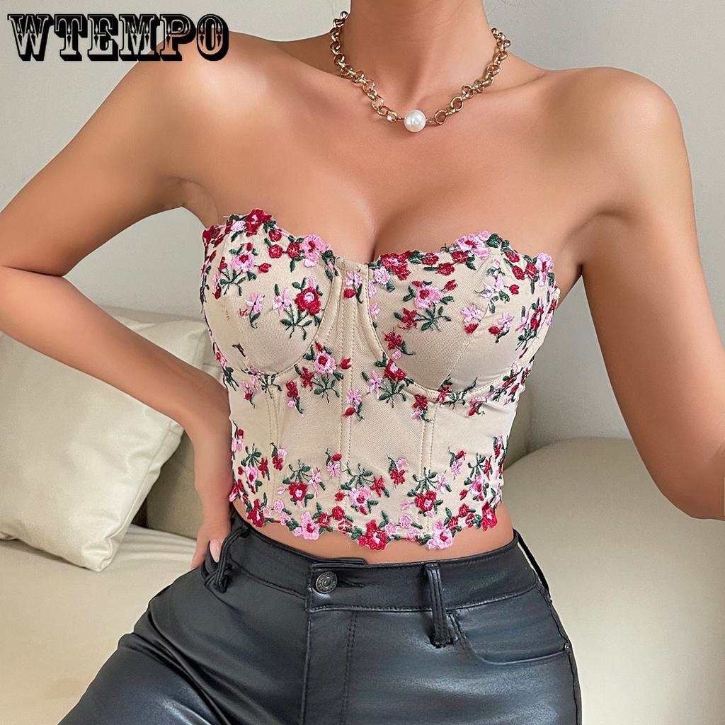 Lace Fragmented Flowers Embroidered Top Trend Have Cash Less  Navel Exposed Breastplate Undergarment Covering The Chest and Abdomen Tops