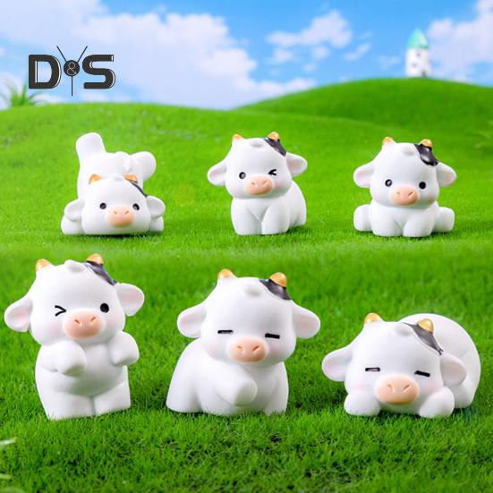 6Pcs Mini Dairy Cow Figurine Resin Tiny Cattle Ornament Miniature Animal Statue Toy Fairy Garden Microlandscape Desktop Decoration
