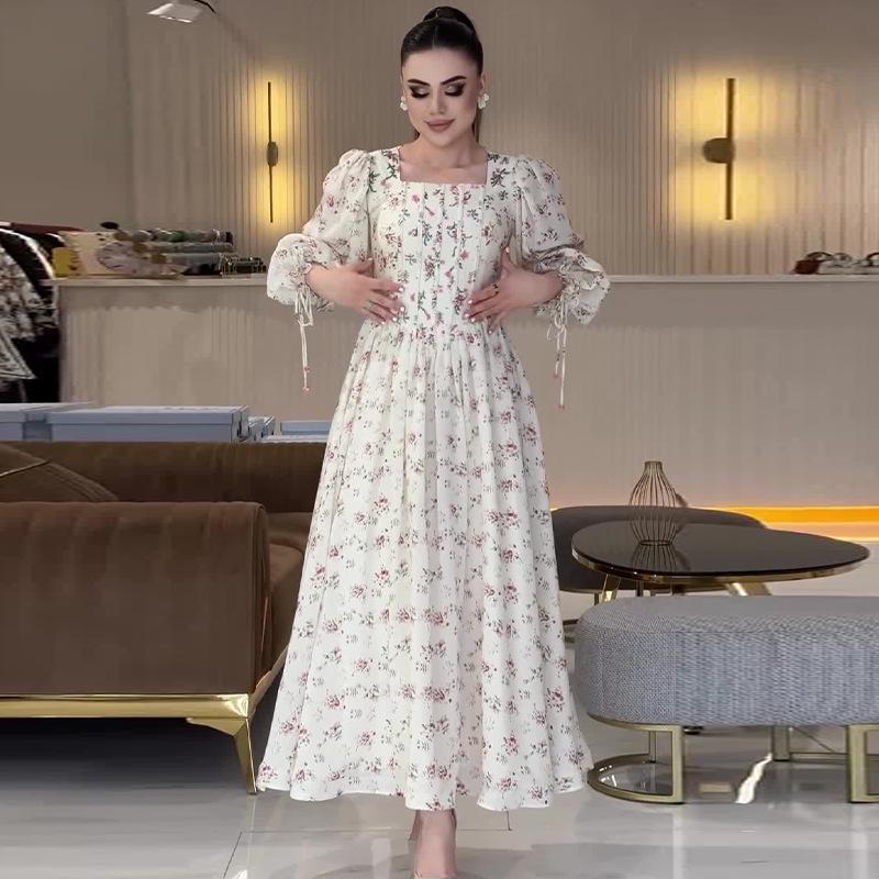 

Летнее женское французское ретро цветочное платье с квадратным вырезом и рукавами-фонариками, приталенное, длинное XXL белый