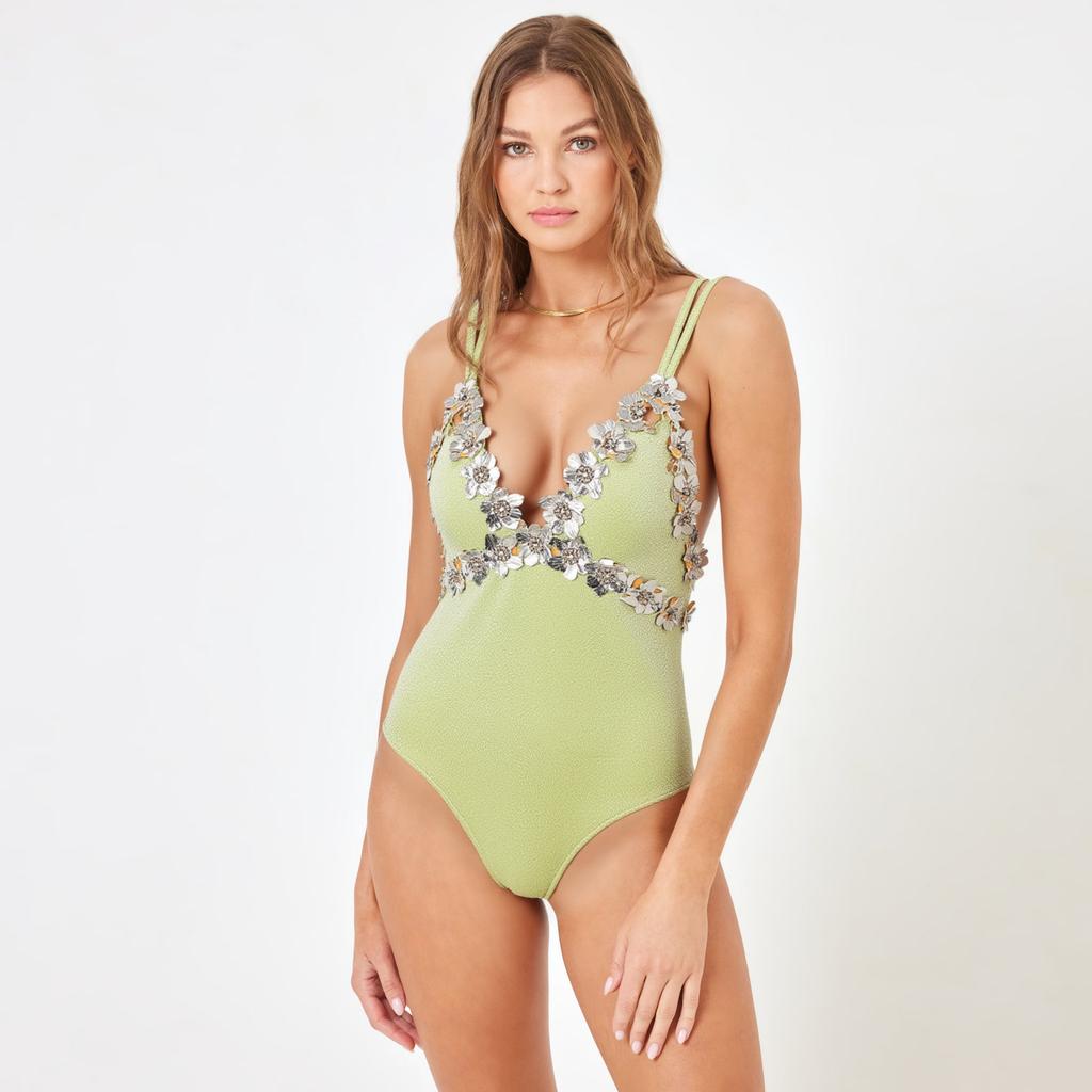 1011 European and American swimwear new green fine flash fabric decal high-end sense one-piece swimsuit women 11111