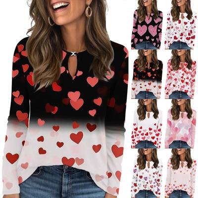 Damen Casual Rundhals Aushöhlung Langarm Valentinstag Herz-Print T-Shirt Top
