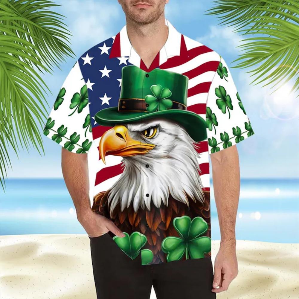 Vintage Palm Tree Hawaiian Blue White Tropical Print Short Sleeve Button Casual Beach Shirt for men