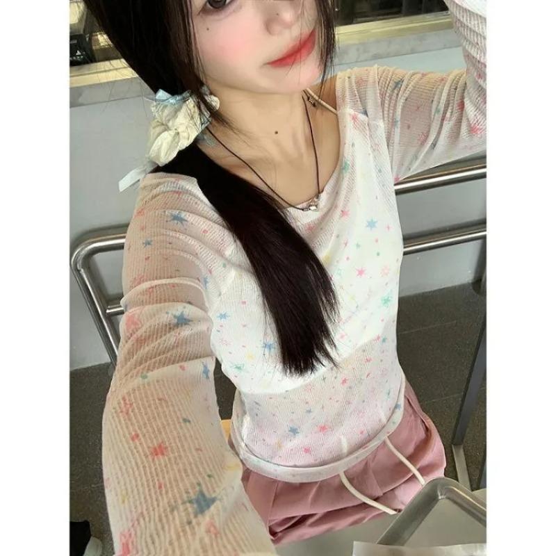 Camisetas de hadas dulces, camiseta blanca de manga larga para mujer, nueva blusa transparente Y2k, bata protectora solar, moda coreana, ropa de mujer