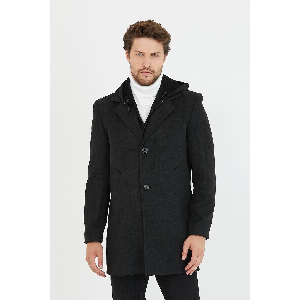 Schwarzer langer Herrenmantel aus Wollmischung und Kaschmir mit Kapuze, Reißverschluss und Knöpfen auf der Vorderseite
