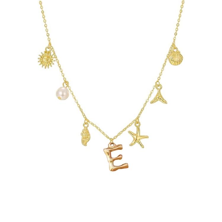 Ocean Theme Gold Charm Necklace with Initial Shells Letter Pendant Suitable for Surfer Girls and Beach Enthusiasts