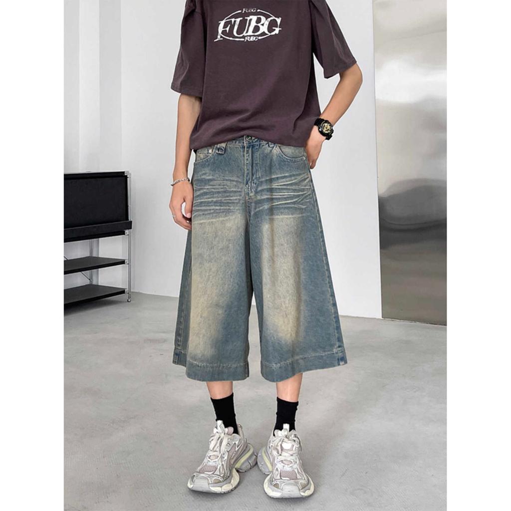 Summer thin retro blue and seven-point denim shorts for men and women loose wide-leg niche design straight pants