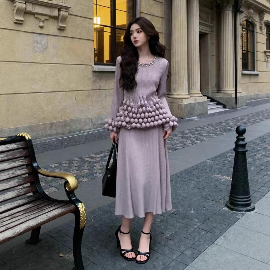 Design-Sense Faux Two-Piece Long Pleated Dress - Spring 2026 Collection, European & American Style
