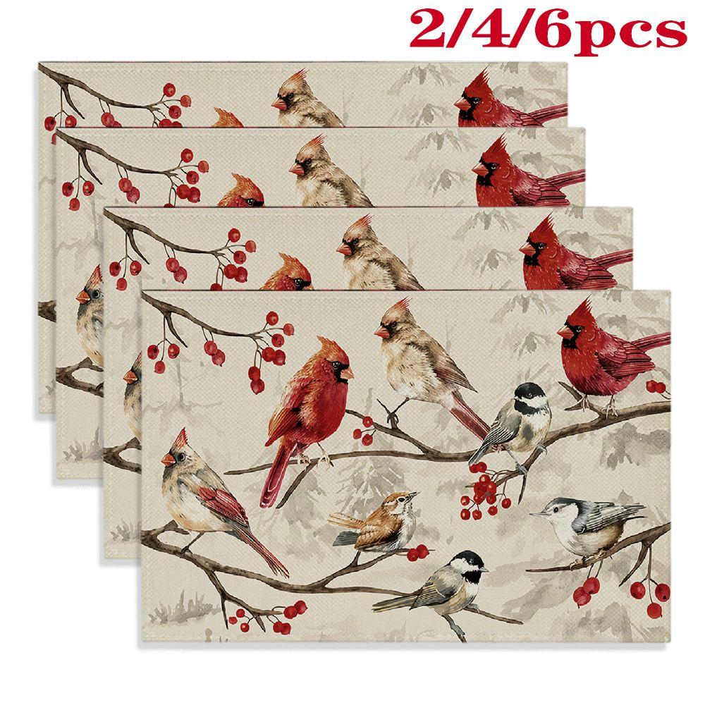 4pcs Placemats, 12x18 Inch Home Decor 2D Printed Placemats, Red Bird Winter Art Linen Printed Table Mats, Rectangular Washable Kitchen Dining Decor,