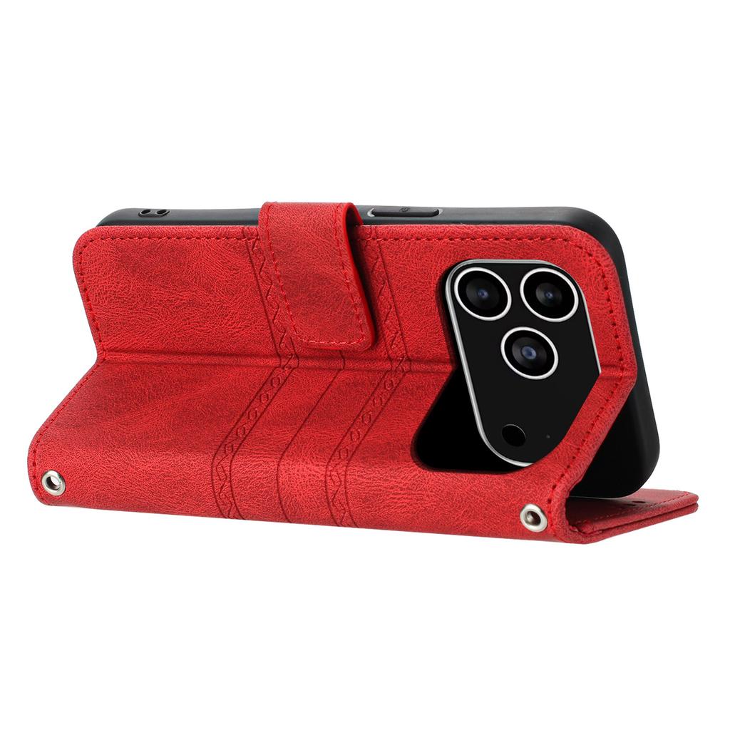 For iPhone 17 Pro Case Wallet Skin-Touch Leather Imprinted Phone Cover with Wrist Strap