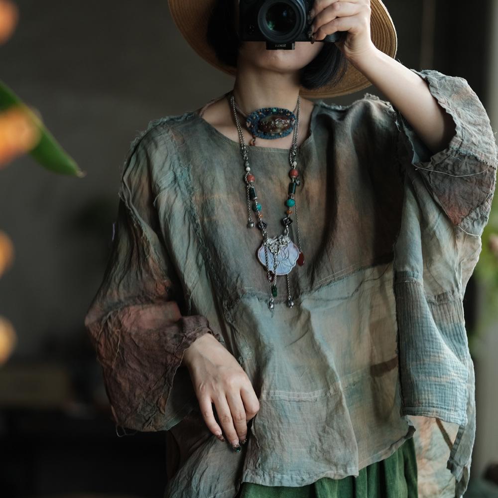 

Johnature Женские винтажные футболки пэчворк с цветным принтом тай-дай, с круглым вырезом, длинным рукавом, осенние, льняные, свободные One Size