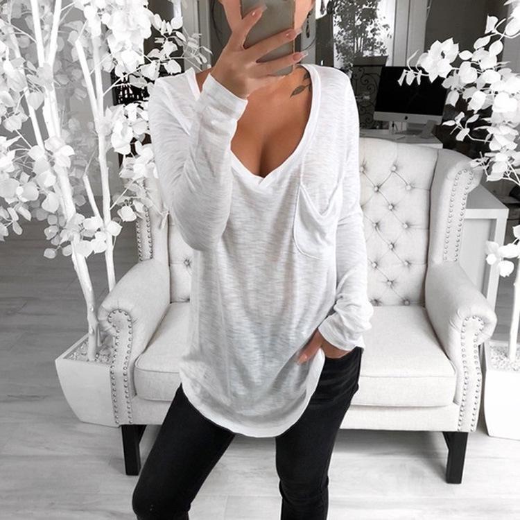 QICED Women's Fashion Casual Solid Color Print Long Sleeve V-Neck Blouses & Shirts