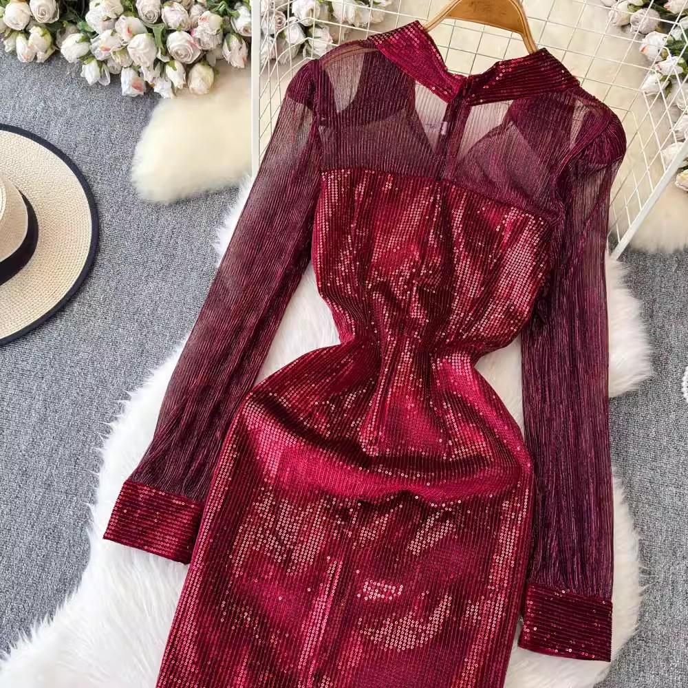 New Autumn Retro Sequins Lapel Pencil Dress Women Clothes Elegant Lady Sheer Sexy Long Sleeve Slim Short Party Birthday Vestidos
