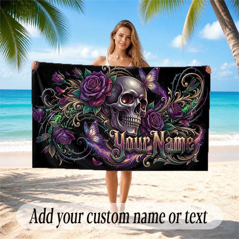 Skull Gothic Theme Beach Towel Personalized Custom Name & Text Soft Quick Dry Beach Towel for Swimming Travel