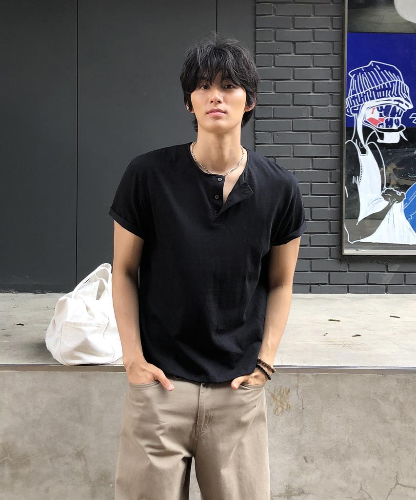 Dei Semi-Crop Henley Neck Slub Short Sleeve T-Shirt_5 Color