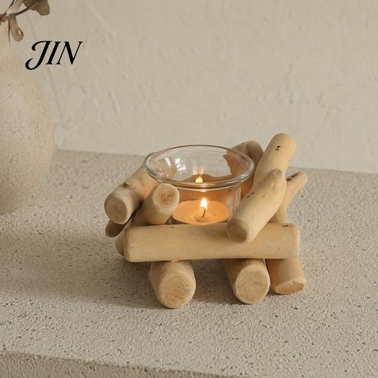 Handmade Wood Candle Holder Wooden Glass Holder, Rustic Driftwood Ornament, Farmhouse Natural Tabletop Decor for Living Room Bedroom Office Gift Matte