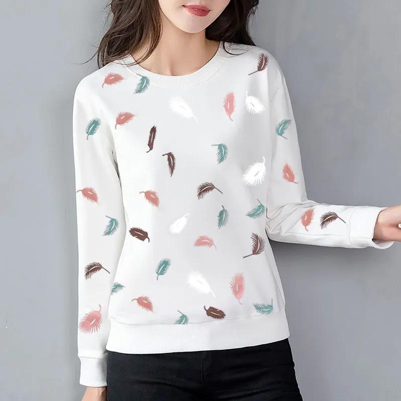 Women's Spring/Fall Long-Sleeve Printed Sweatshirt Round Neck Korean Style Slimming Top