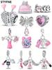 Charms Plata Copper Colors Pink Bow Heart Alarm Clock Beads Charm Pendant For Original Bracelet For Women Diy Jewelry Love Gift
