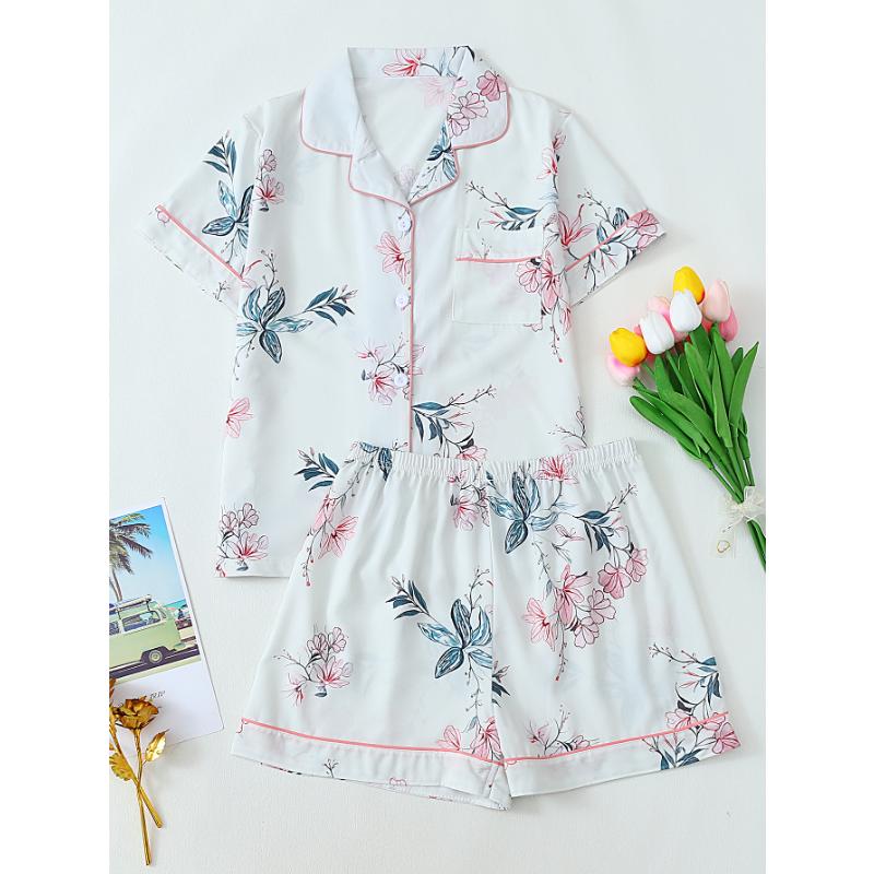 Summer Women Short Sleeve Top and Shorts 2 Piece Set Pajamas Female Fashion Casual Loose Sleepwear Bow Print Cardigan Pyamas Set