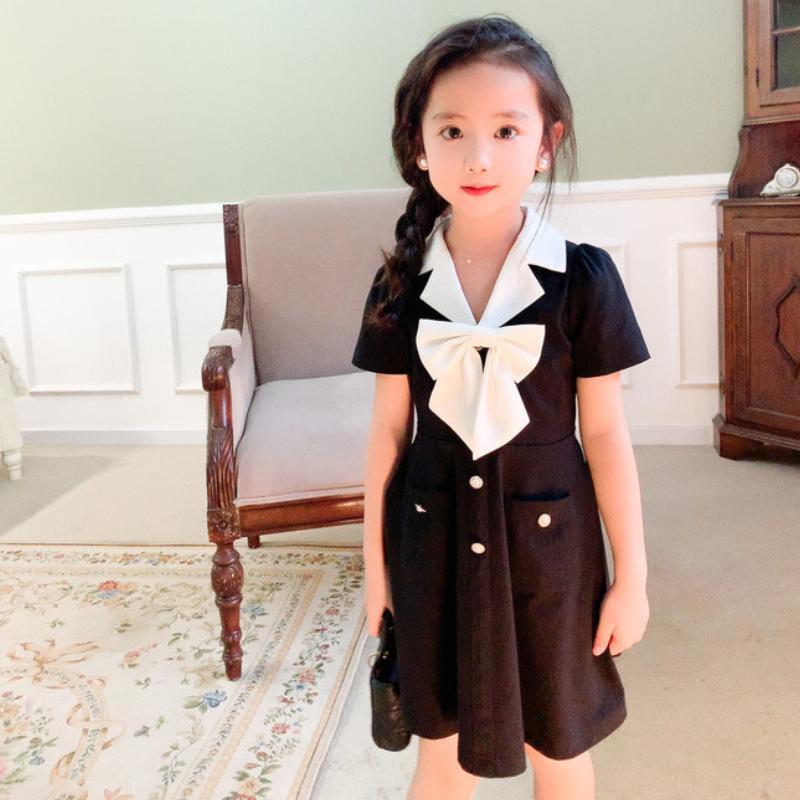 Girls Dress Summer Clothes Bow Princess Skirt Black V-neck Suit Fashion Dresses for Children