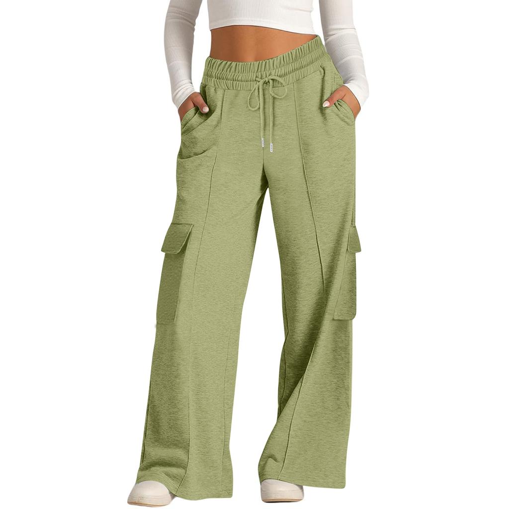 Women's Casual Fashion Solid Color Elastic Waist Drawstring Workwear Wide Leg Pants With Pockets