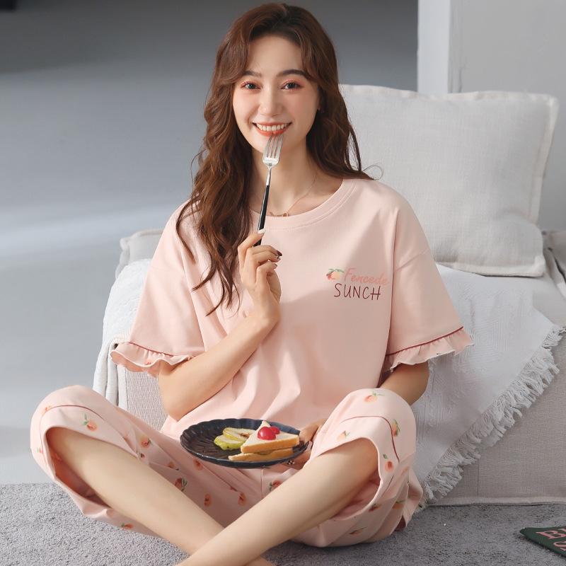 Sommerpyjamas aus Baumwolle, Heimkleidung für Damen, Rundhalspullover, lässig, bequem, Neun-Hosen-Pyjama-Set