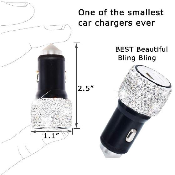 Dual USB Car Charger Bling Handmade Rhinestones Crystal Car Decors Safety Hammer Design Car Decorations Fast Charging for Phone