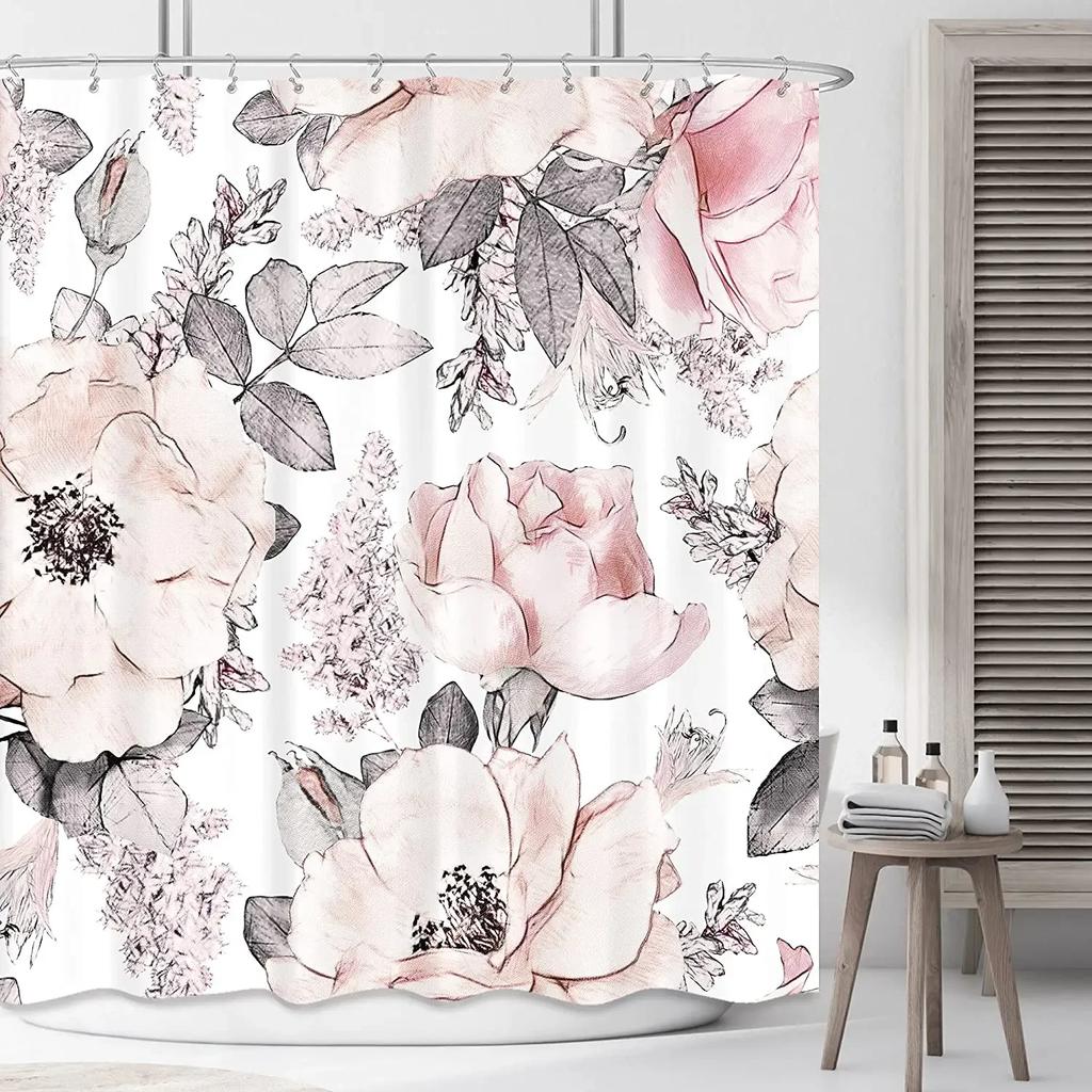 Pink Floral Shower Curtains Dandelion Watercolor Flowers Green Plants Leaves Home Decor Bathroom Fabric Bath Curtain With Hooks