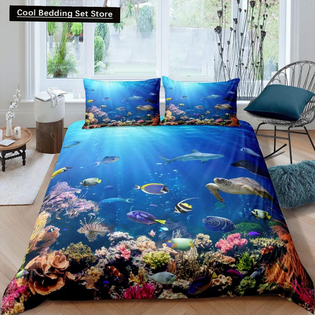 Kids Cartoon Ocean Animal King Queen Bedding Set Underwater World Duvet Cover Marine Life Quilt Cover Polyester Comforter Cover