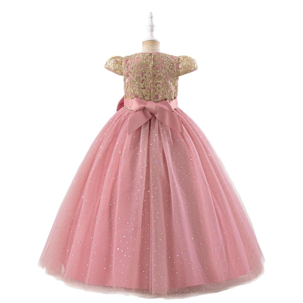 Embroidered Princess Dress for Girls - Puff Sleeves, Bow, Puffy Skirt, Birthday Party Outfit