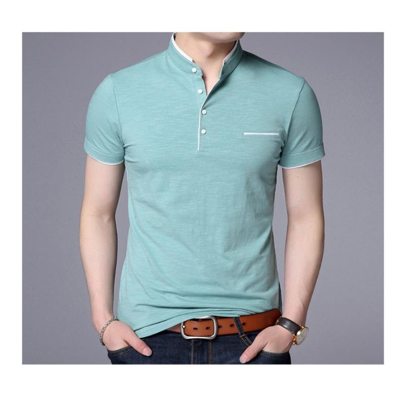 Mens Stand Collar Short Sleeve Slim Fit Big Size Solid Casual T Shirt