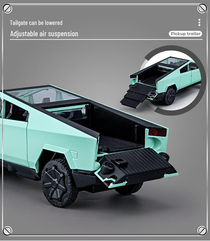 1:32 Tesla Pickup Truck Toy with Caravan: Alloy Pull-back Model with Sound, Light, and Opening Doors