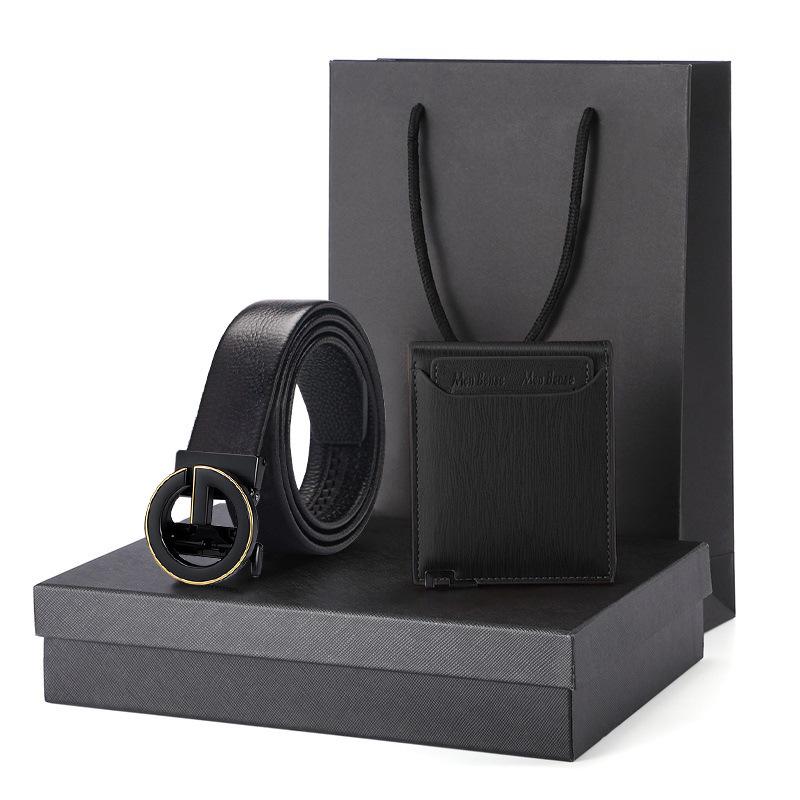Men's Business Gift Set: Cowhide Wallet with Automatic Buckle Belt
