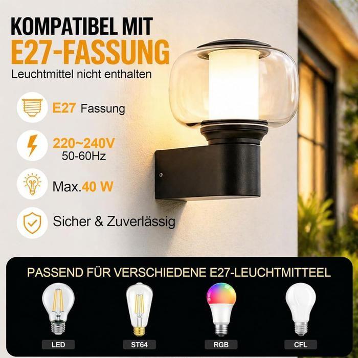 Applique d'extérieur - NETTLIFE - N°3 - E27 - Étanche IP65 - Noir, 40W max