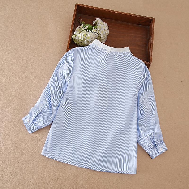 Girls'Long Sleeve Shirt Kids Lace Collar Blouse Fit for Ages 5 To 12 Years 100% Cotton Everyday Wear Blue Striped Clothes for Children