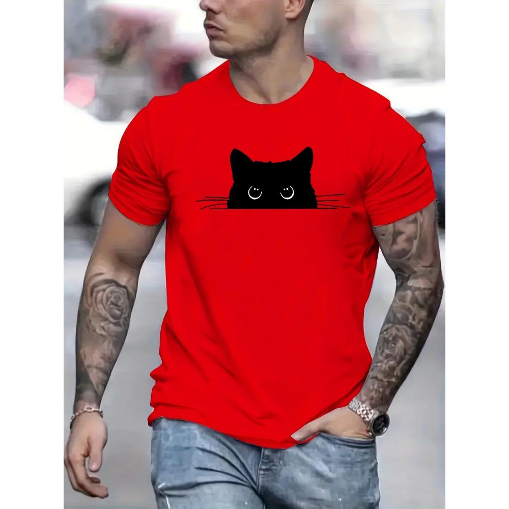 Men's Summer Cotton Fashionable Casual Loose Cat Print Sports Round Neck Short Sleeved T-shirt Top