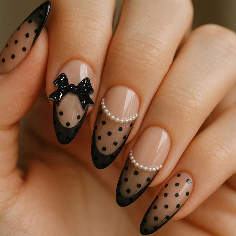 24PCS Edgy Black Almond Press on False Nails Sweet Floral Rose Simple 3D Bowknot Fake Nails for Women Ins Nail Manicure Finished