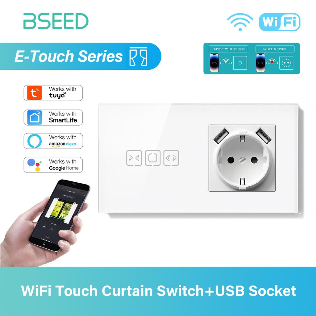 BSEED Tuya WIFI Curtain Switch Smart Touch Curtain Switches Glass Frame Tuya APP Switch EU Wall Sockets with USB-C for Villa Ho