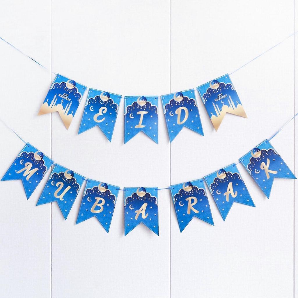 Eid Mubarak Blue For Banner 2022 Moon Star Pull Flag Background Decor For Islam Muslim Ramadan Party Wall Door Decoration Gift Supplies