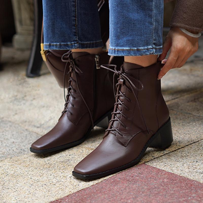 Fashion 2025 New Women Shoes Genuine Leather Ankle Boots Lace-up Thick Heels Motorcycle Boots Square Toe Warm Short Street Fashion Boots