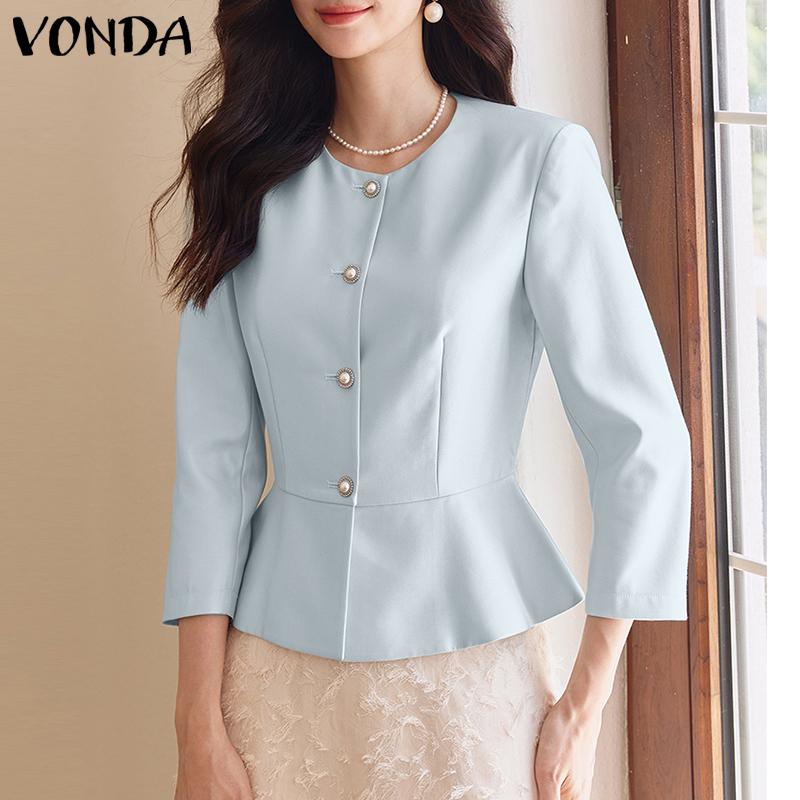 

VONDA женская однотонная элегантная рубашка с круглым вырезом и 7 пуговицами